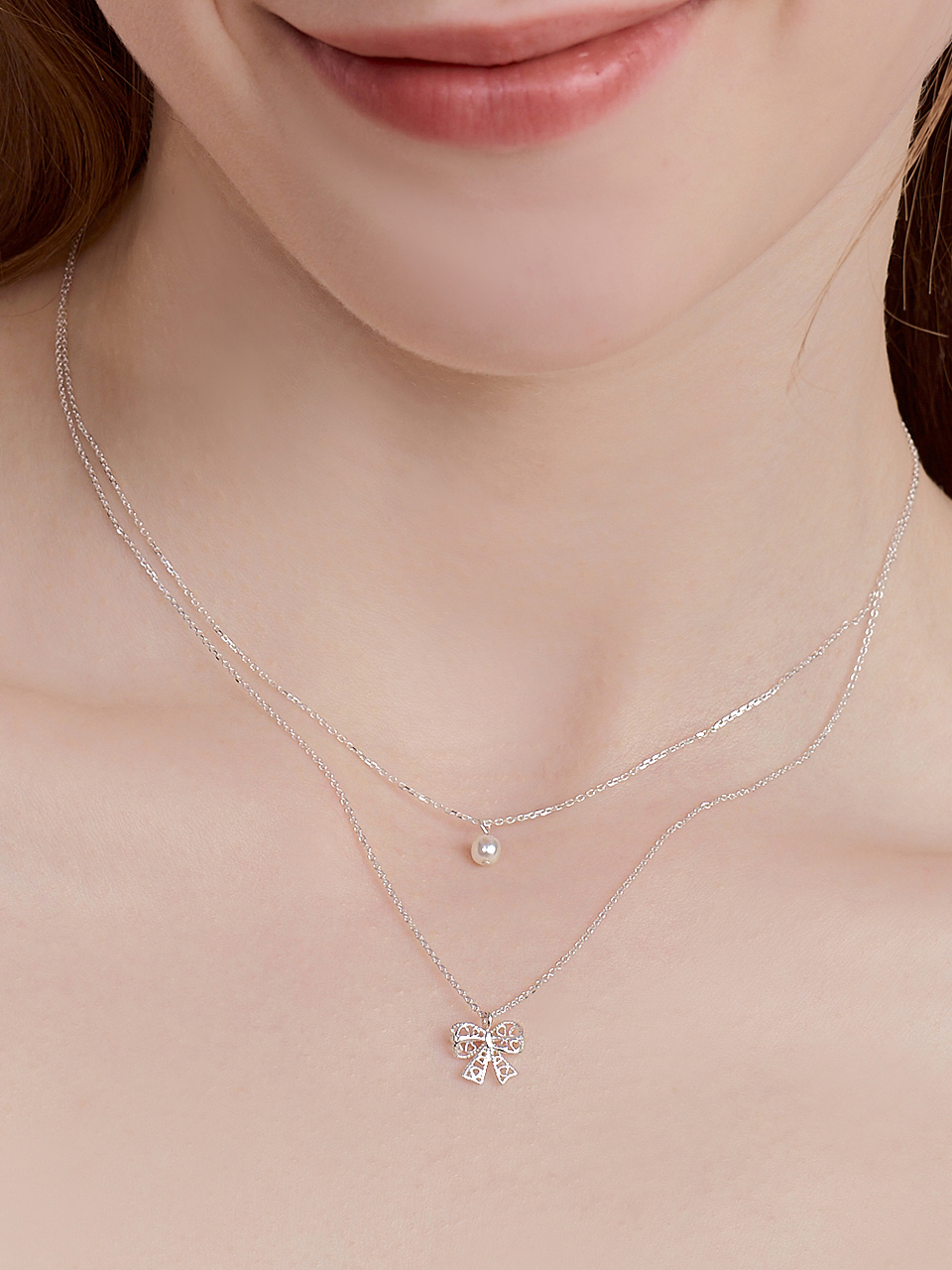 [셀럽 착용] lacy ribbon pearl layered necklace